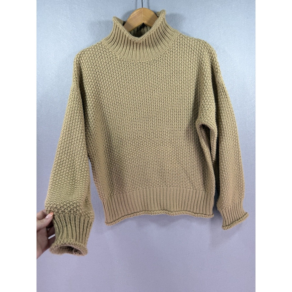 Beige Rolled Neck Knit Sweater Womens S 90s Preppy Fisherman Minimalist Granola